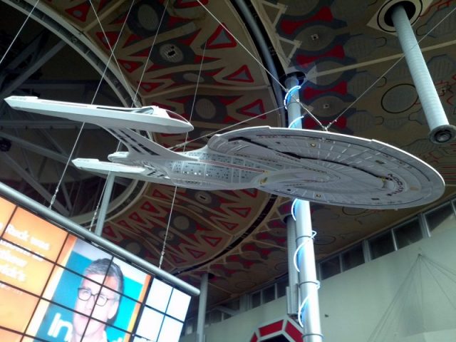 A smaller scale replica of the Starship Enterprise NCC-1701-E at Famous Players Colossus Theatre in Langley, BC, Canada.