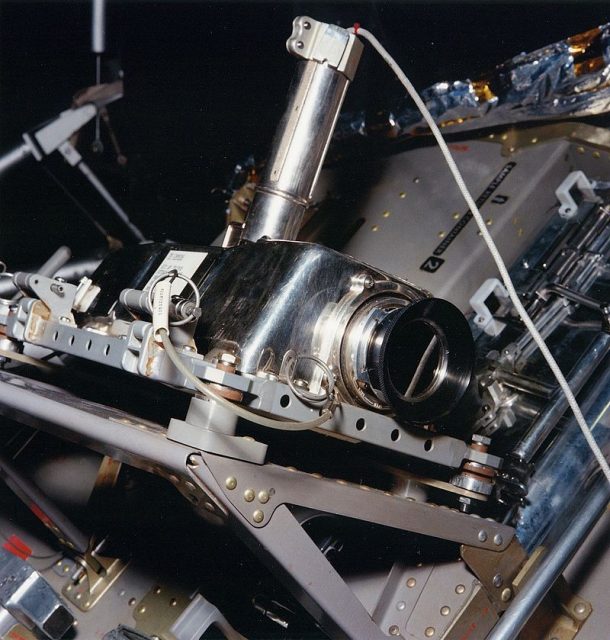 Apollo Lunar Television Camera, as it was mounted on the side of the Apollo 11 Lunar Module when it telecasted Armstrong’s “One small step.” Notice how the camera is stowed upside-down on its top, due to it being its only flat surface