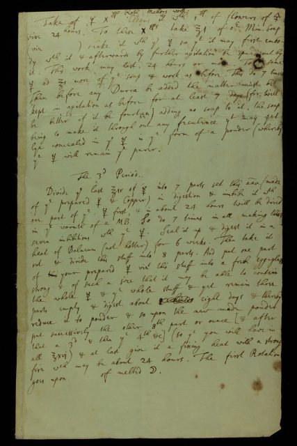 Isaac Newton left behind alchemical notes amounting to an estimated one million words written in his own hand. This page shows two steps (“periods”) in the manufacture of the philosophers’ stone that were drawn from a work by the obscure German alchemist Erasmus Rothmaler.