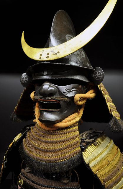 Samurai helmet and half-face mask (menpo) in Sengoku period.