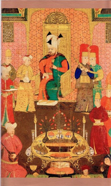 Ottoman miniature painting depicting Murad IV during dinner.