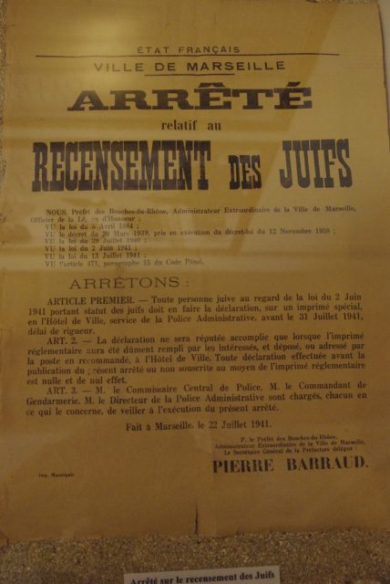 1941 poster from Marseilles, France, announcing the order for Jews to register. Photo by Olevy CC BY-SA 3.0