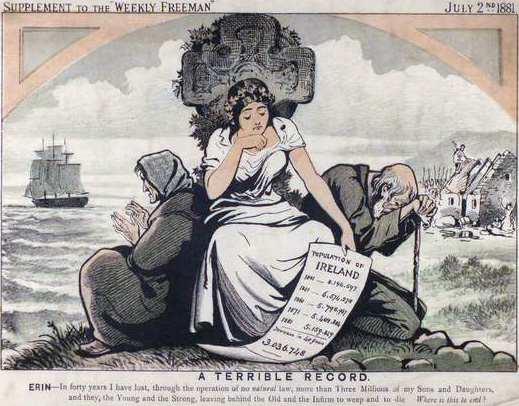 Political cartoon from the 1880s: “In forty years I have lost, through the operation of no natural law, more than Three Million of my Sons and Daughters, and they, the Young and the Strong, leaving behind the Old and Infirm to weep and to die. Where is this to end?” Photo by Weekly Freeman CC BY 4.0