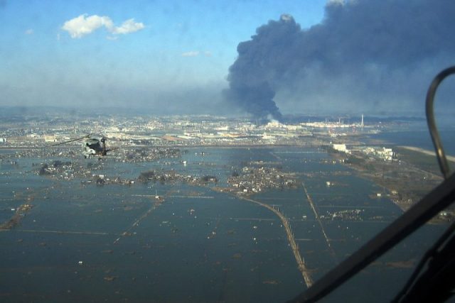 An aerial view of tsunami damage in Tōhoku.