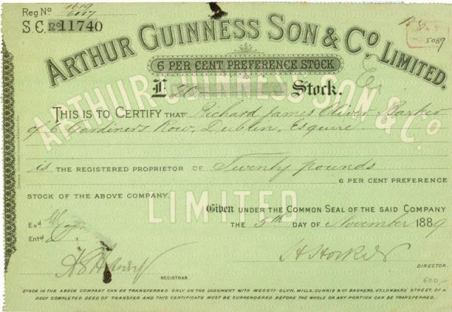 Arthur Guinness Son & Co. Limited, 6% Preference Stock, issued November 5, 1889.