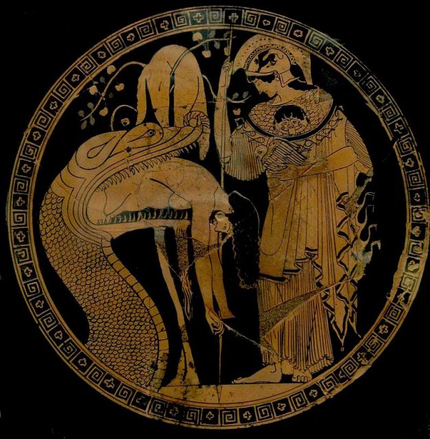 Attic red-figure kylix painting from c. 480–470 BC showing Athena observing as the Colchian dragon disgorges the hero Jason.