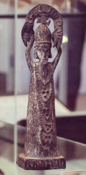 A Billy and Charley in the form of a lead statuette, 15.4 centimetres (6.1 in) high; probably intended to represent a bishop. Manchester Museum, accession number 1981.1150