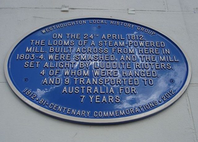 Blue Plaque on White Lion public house, Westhoughton, commemorating the burning of Westhoughton Mill in 1812.