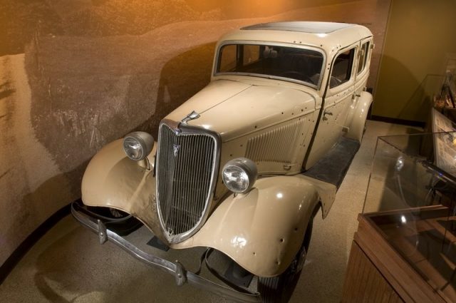 A replica of the Ford V8 in which Bonnie and Clyde died made for the film ‘Bonnie and Clyde,’ on display at the National Museum of Crime & Punishment, Washington, D.C.