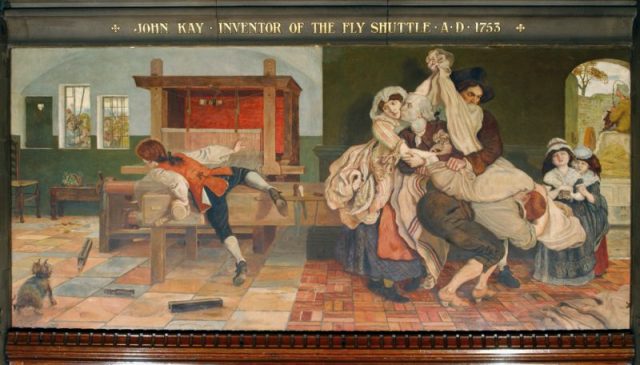 John Kay inventor of the Fly Shuttle by Ford Madox Brown, 1753, depicting the inventor John Kay kissing his wife goodbye as men carry him away from his home to escape a mob angry about his labor-saving mechanical loom.