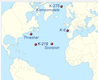 The location of sunken nuclear submarines in the Atlantic. Photo by Tentotwo CC BY-SA 3.0