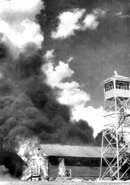 Errant bats from the experimental bat bomb set fire to the Carlsbad Army Airfield Auxiliary Air Base in New Mexico.