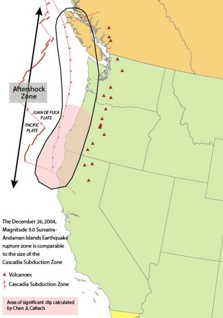 Area of the Cascadia subduction zone, including the Cascade Volcanic Arc (red triangles) Ring of Fire.
