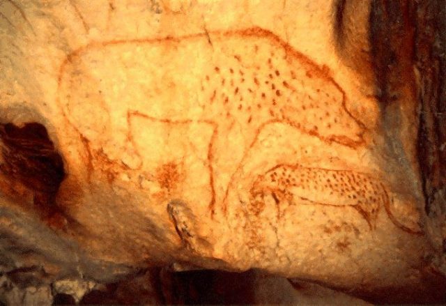 Cave hyena (Crocuta crocuta spelaea) painting found in the Chauvet cave and made public on January 17, 1995, by the Minister of Culture Jacques Toubon.