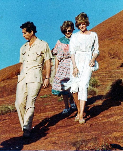 The Prince and Princess of Wales visit Uluru (Ayers Rock), Australia, March 1983. Photo by John Hill CC BY-SA 4.0