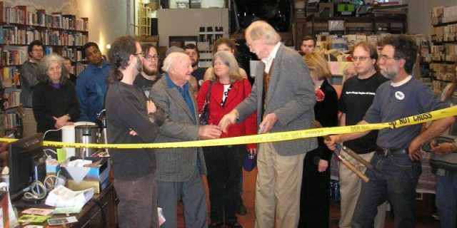 Stetson Kennedy (left of center, in a gray jacket and blue shirt), who chose the CMC as the recipient of his extensive personal library, which contains about 2,000 books and publications he has collected over his 74-year career. Photo by Lipsio CC By 3.0