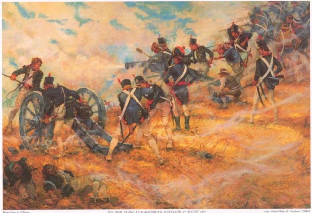 Colonel Charles Waterhouse’s depiction of U.S. Marines manning their guns at Bladensburg, Maryland in defense of Washington D.C. against the British on August 24, 1814.