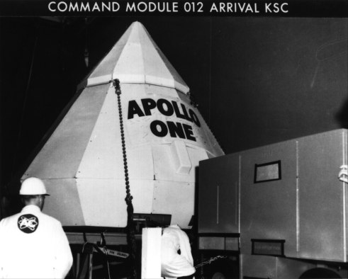 Command Module 012, labeled Apollo One, arrives at Kennedy Space Center, August 26, 1966.
