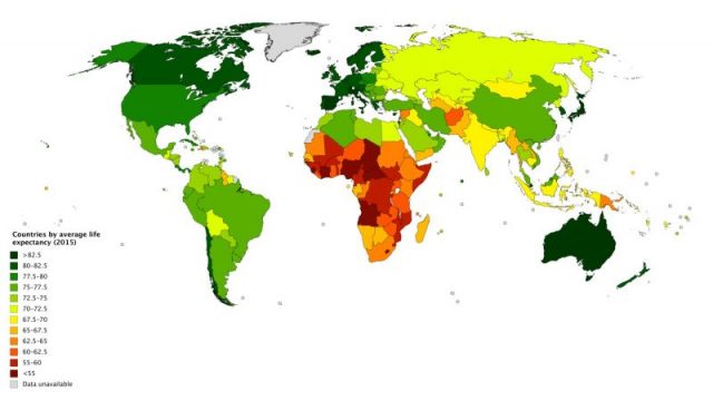 Countries by average life expectancy according to the World Health Organization (2015). Photo by JackintheBox CC BY-SA 4.0