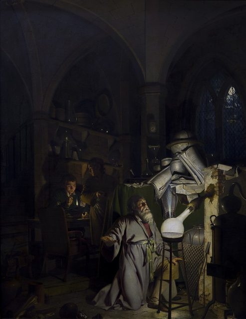 The Alchymist, in Search of the Philosopher’s Stone, Discovers Phosphorus, and Prays for the Successful Conclusion of his Operation, as was the Custom of the Ancient Chymical Astrologers, by Joseph Wright of Derby – now in Derby Museum and Art Gallery, Derby, U.K.