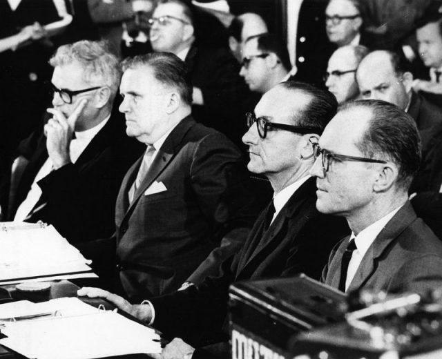 Deputy Administrator Seamans, Administrator Webb, Manned Space Flight Administrator George E. Mueller, and Apollo Program Director Phillips testify before a Senate hearing on the Apollo accident.