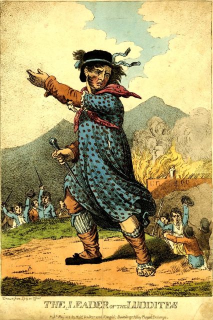 Engraving of Ned Ludd, Leader of the Luddites, 1812.