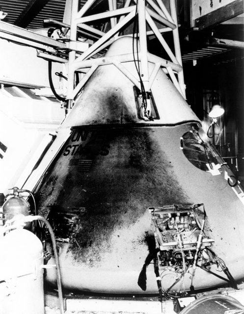 Exterior of the Command Module was blackened from eruption of the fire after the cabin wall failed.