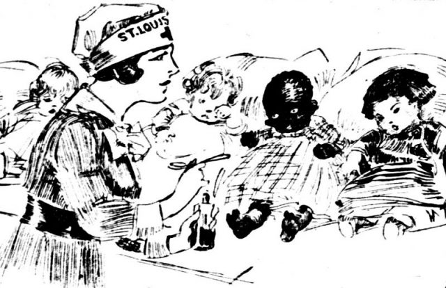 February 1918 drawing by Marguerite Martyn of a visiting nurse in St. Louis, Missouri.