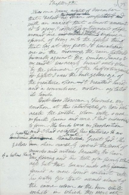 Mary Shelley’s manuscript draft of Frankenstein begun at the Villa Diodati, with marginal notes by Percy Bysshe Shelley.