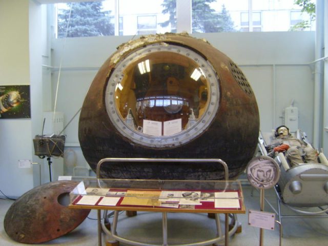 Vostok I capsule used by Yuri Gagarin in the first manned space flight. Now on display at the RKK Energy Museum outside of Moscow. Photo by SiefkinDR CC BY-SA 3.0