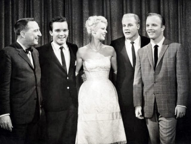 Photo from the television program I’ve Got a Secret. From left: Garry Moore, Lindsay Crosby, Betsy Palmer, Phillip Crosby, Dennis Crosby.