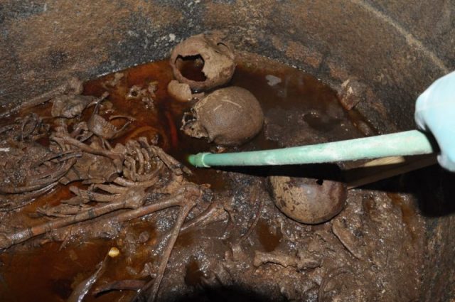 A handout picture released on July 19, 2018 by the Egyptian Antiques ministry shows skeletons in the black granite sarcophagus uncovered early this month in the Sidi Gaber district of Alexandria, filled with sewage water. The skeletons are believed to be three warriors as one of the skulls bears an arrow wound. Photo by EGYPTIAN ANTIQUITIES MINISTRY / AFP/Getty Images