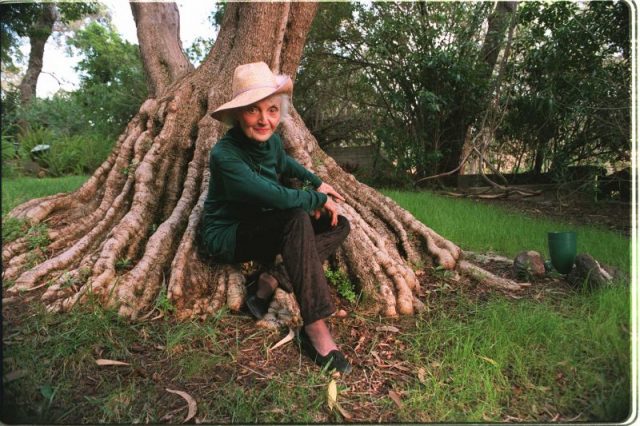 1994 Laura Huxley in the garden of her Hollywood home. Photo By Paul Harris/Getty Images