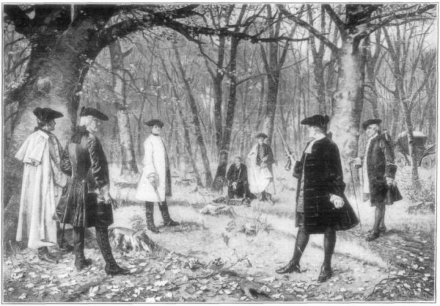 A 20th century artistic rendering by J. Mund depicting the July 11, 1804 duel between Aaron Burr and Alexander Hamilton.