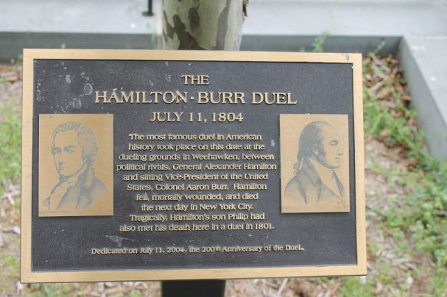 Historical marker of Hamilton-Burr duel in Weehawken, NJ. Photo by Billy Hathorn CC BY-SA 3.0
