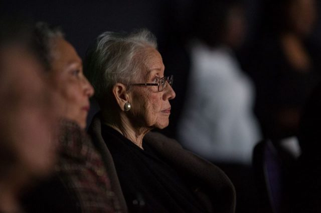 Katherine Johnson watches the premiere of “Hidden Figures” after a reception where she was honored along with other members of the segregated West Area Computers division of Langley Research Center, on Thursday, Dec. 1, 2016, at the Virginia Air and Space Center in Hampton, VA.