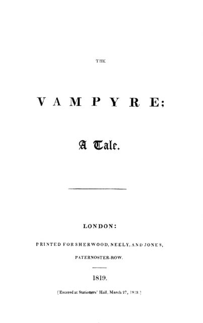 Title page for The Vampyre: A Tale by John William Polidori.
