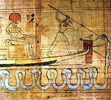 Illustration from an ancient Egyptian papyrus manuscript showing the god Set spearing the serpent Apep as he attacks the sun boat of Ra.