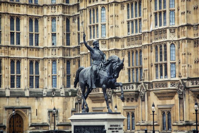 Richard Lionheart statue. It stands on a granite pedestal in Old Palace Yard outside the Palace of Westminster, London.
