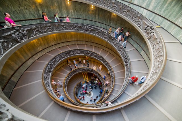 The famous spiral staircase that leads to the exit of the Vatican Museum, inside Vatican City.