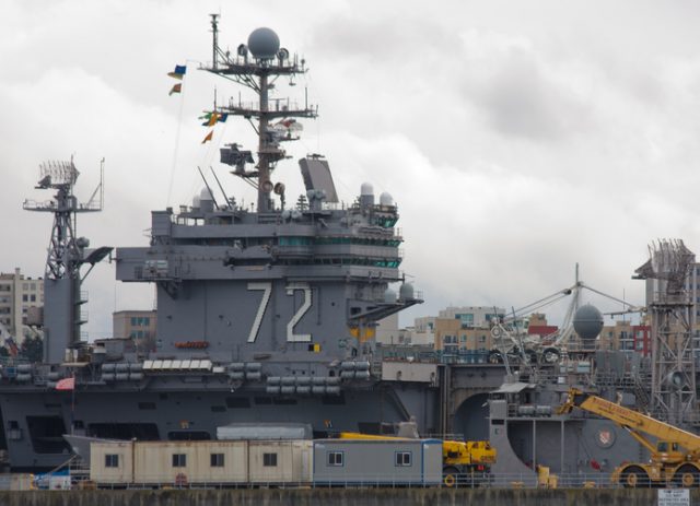 This image shows the Naval aircraft carrier the USS Abraham Lincoln docked in Everett, Washington, March 21, 2010.