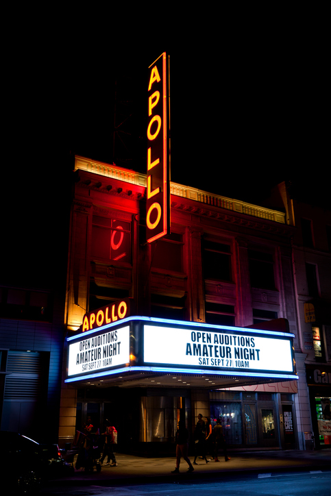 The Apollo Theater at 253 West 125th Street between Adam Clayton Powell Jr. Boulevard and Frederick Douglass Boulevard in the Harlem neighborhood of Manhattan, New York City is a music hall which is a noted venue for African-American performers.