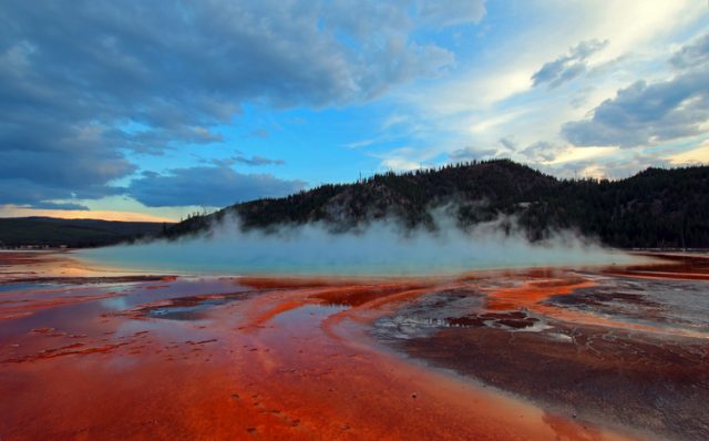 Colorful microbial mats of Grand Prismatic Spring in Yellowstone National Park.