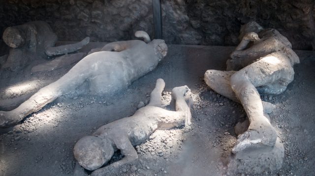 The morning after the eruption, the cone of the volcano collapsed with an an avalanche of mud and ash. Pompeii and Herculaneum completely disappeared, thought to be lost forever.