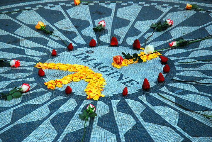 A peace sign formation at the Imagine mosaic, honoring John Lennon, in Strawberry Fields, Central Park, New York
