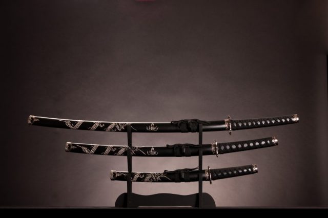 Three sizes of swords a samurai could use. The katana is the longest one.