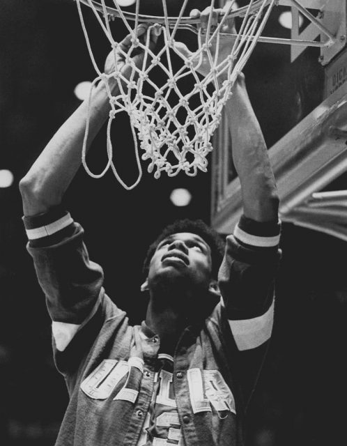 Alcindor performs ceremonial net cutting at Freedom Hall in Louisville in 1969 after a 20-point win over Purdue and Rick Mount in unprecedented third-straight national title en route to seven consecutive national championships for UCLA.