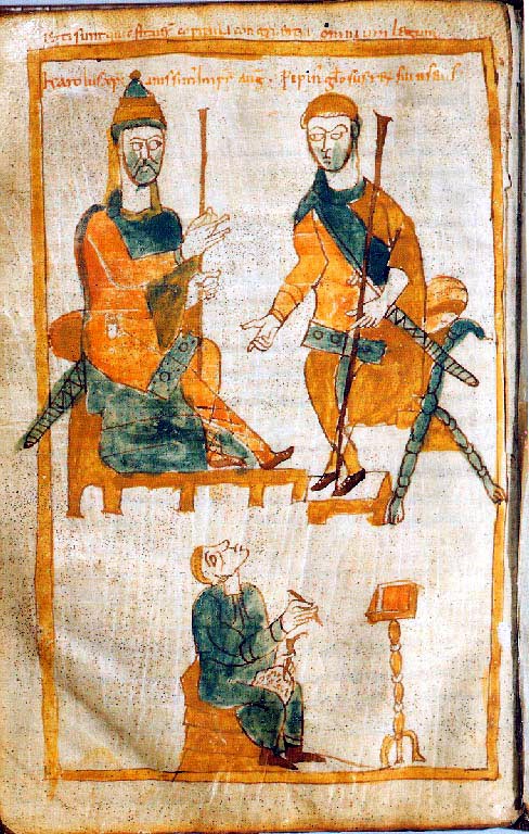 Charlemagne (left) and his eldest son, Pepin the Hunchback. 10th century copy of a lost original from about 830.