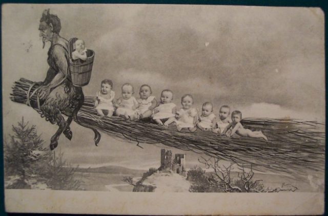 Photo montage of Krampus (the sackman) with children.