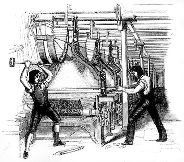 Later interpretation of machine breaking (1812), showing two men superimposed on an 1844 engraving from the Penny magazine which shows a post 1820s Jacquard loom.